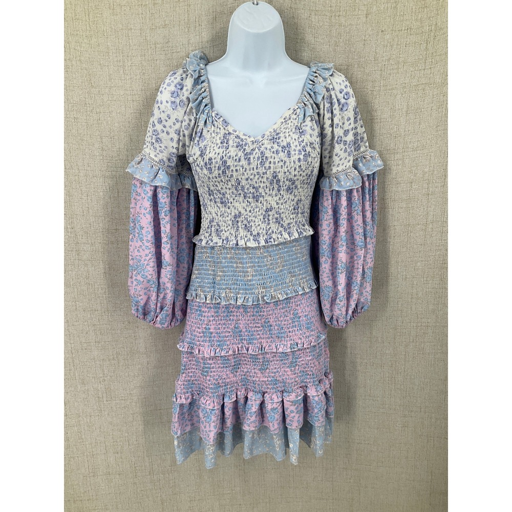 Yvonne & Love Mini Dress Womens Size S Blue Pink Floral Boho Smocked Ruffle Puff